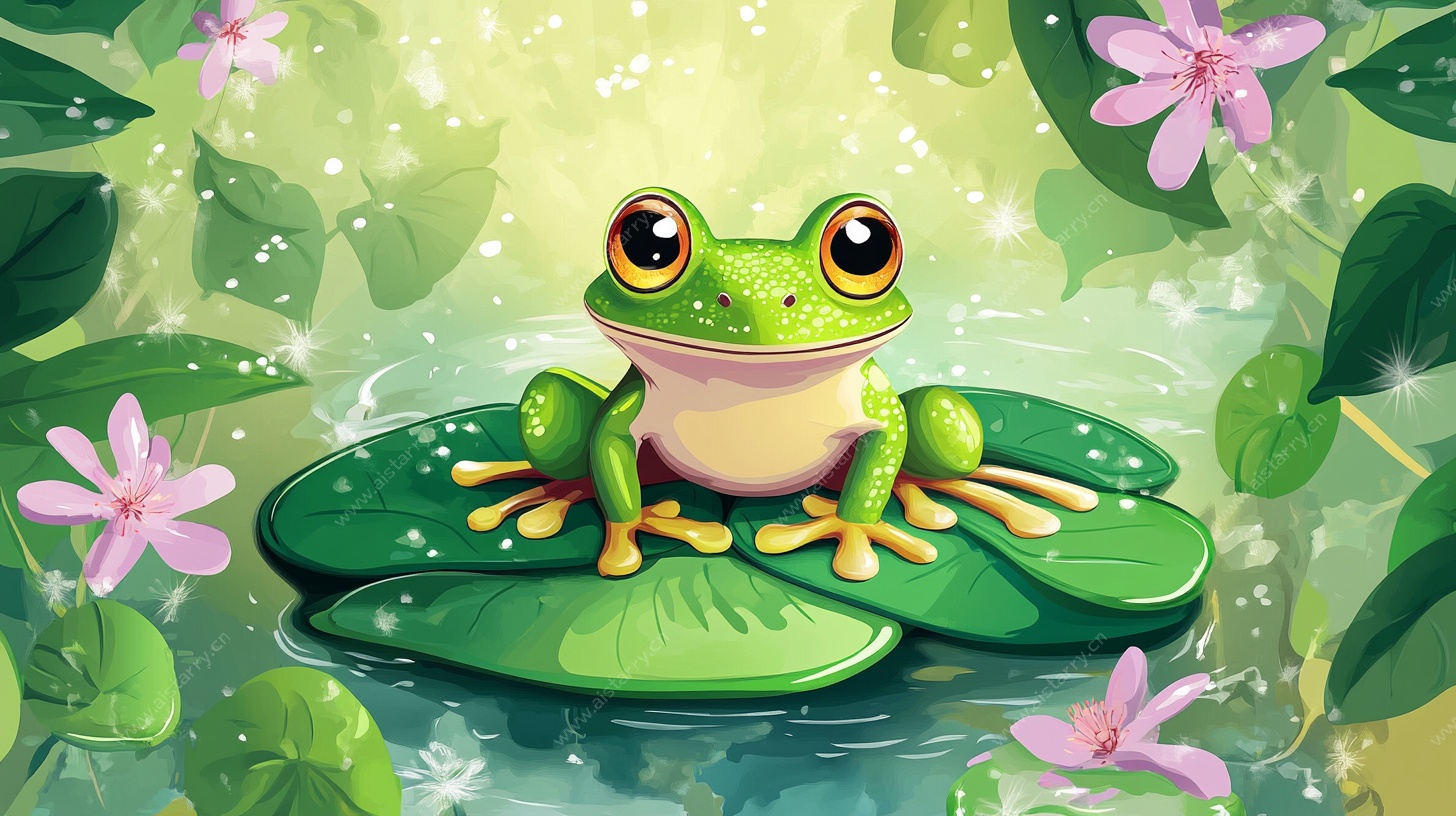 青蛙栖息于绿意盎然池塘