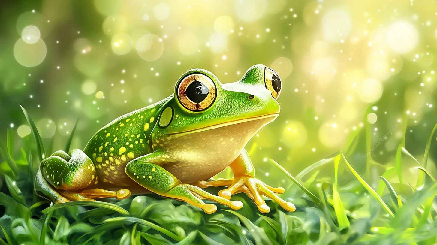 翠绿青蛙静栖于草地间