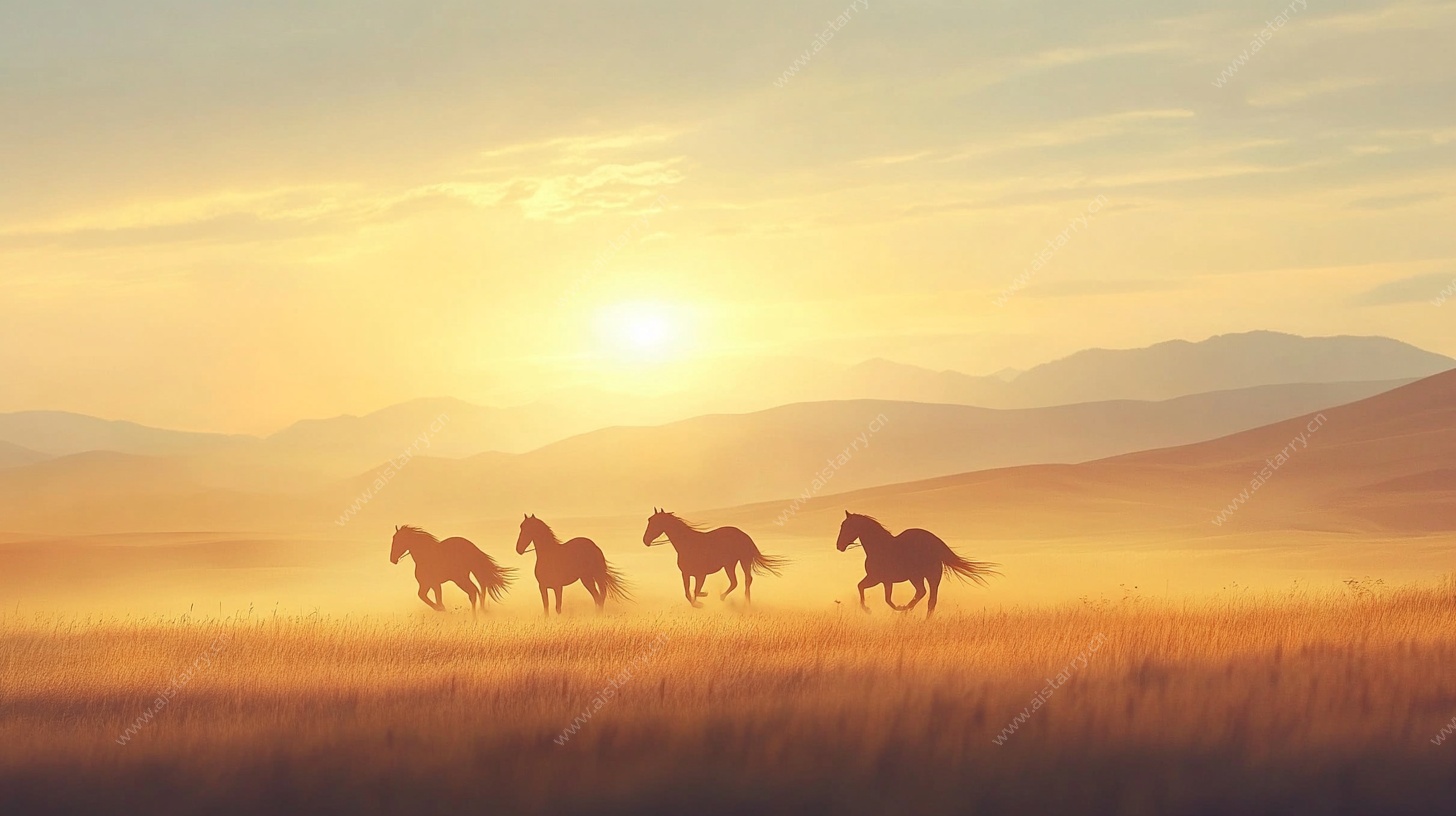 落日下的骏马奔腾