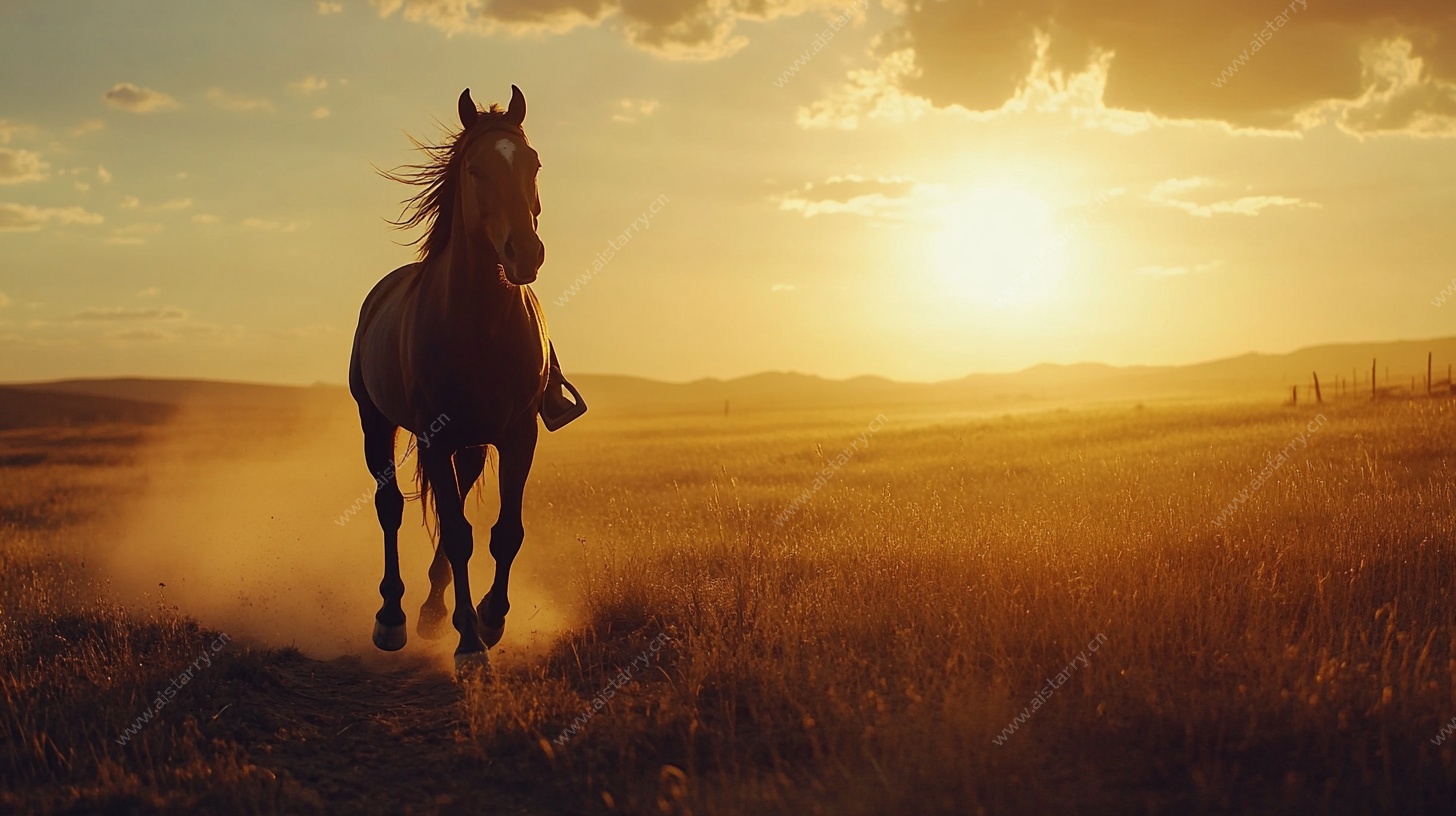 夕阳下骏马驰骋草原