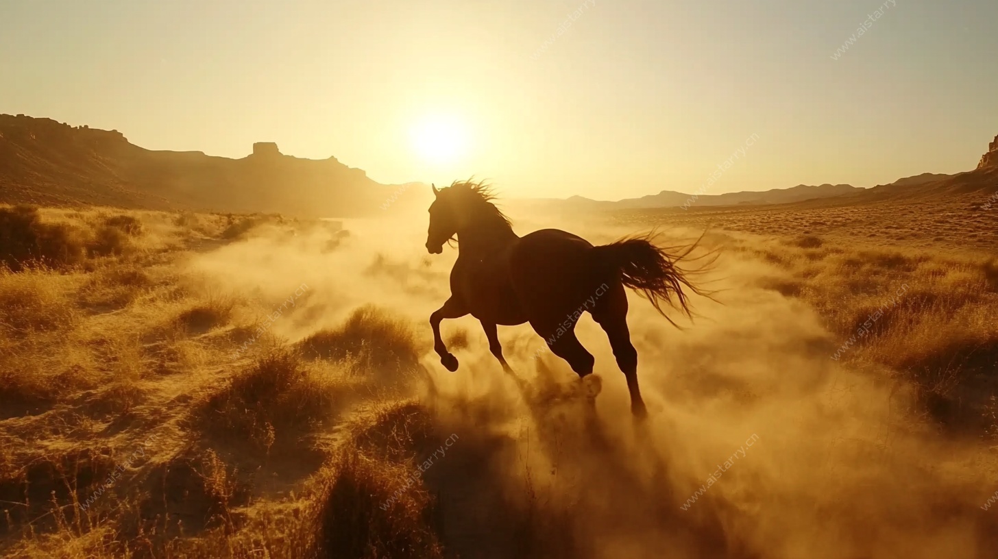 落日下骏马驰骋原野
