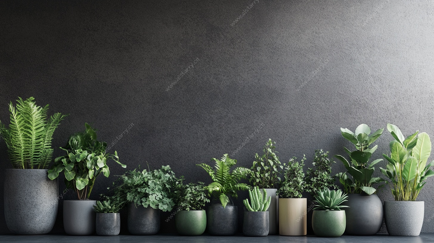 灰墙下的绿植盆栽阵列