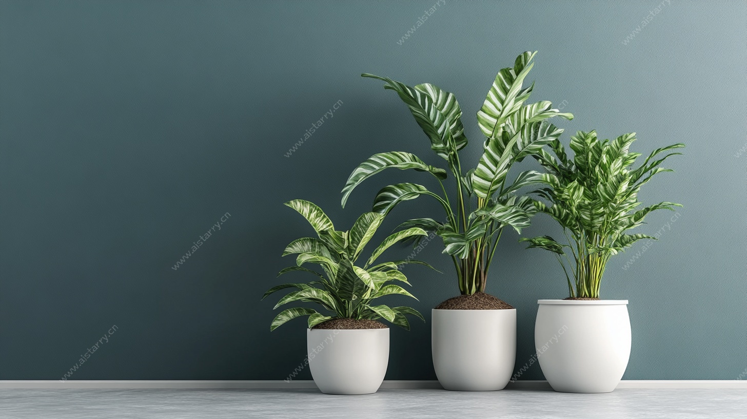 三盆绿植靠墙摆景