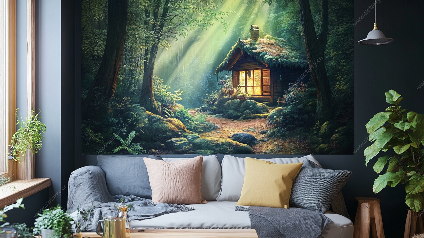 森林小屋墙绘装饰客厅