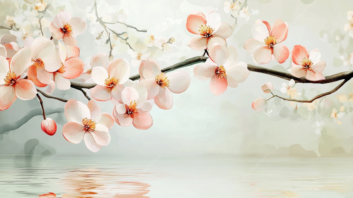 枝头粉樱映水韵