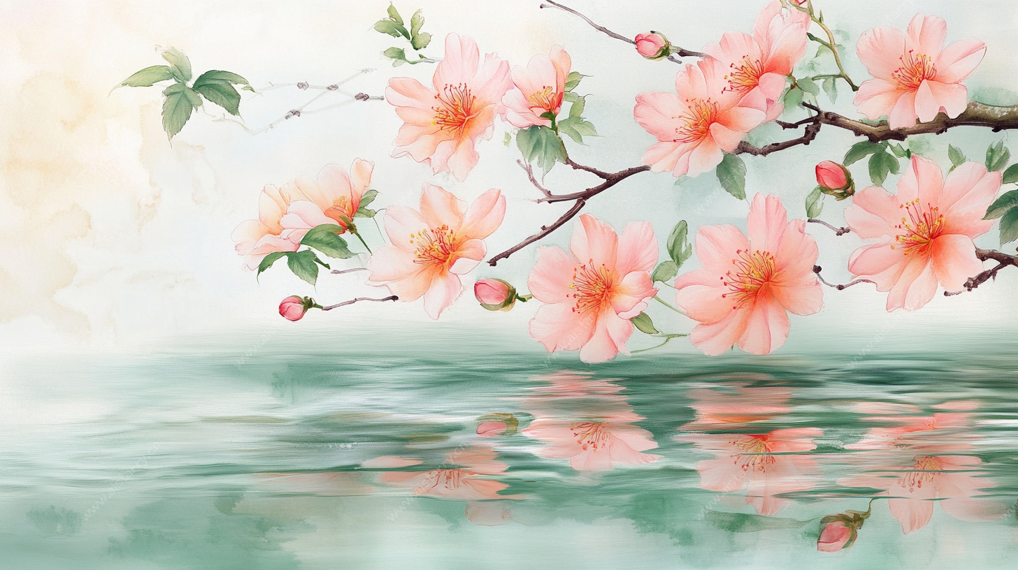 水墨桃花映水图