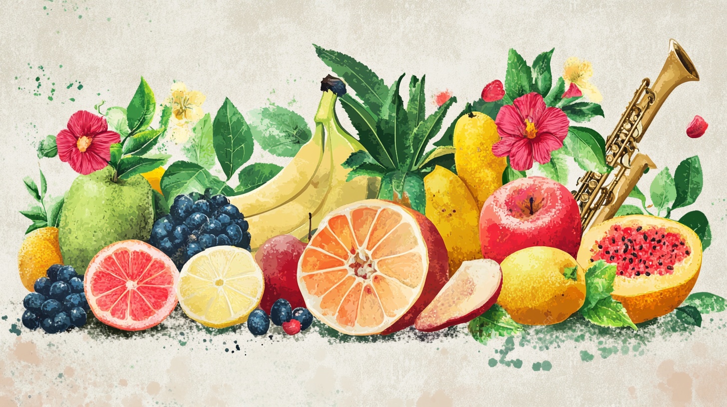 水果与乐器的水彩邂逅