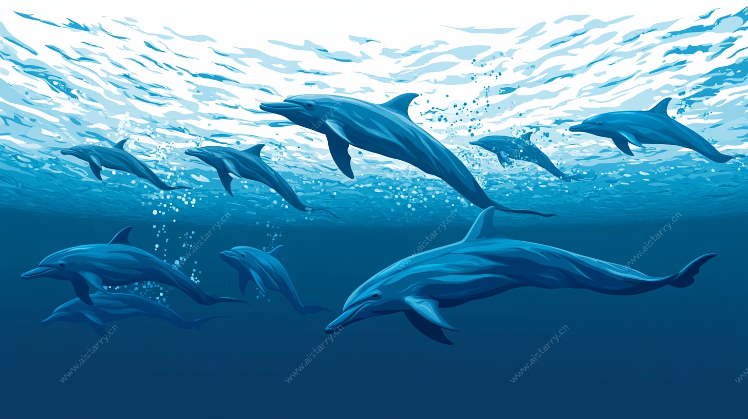 海豚畅游于蓝色海洋中