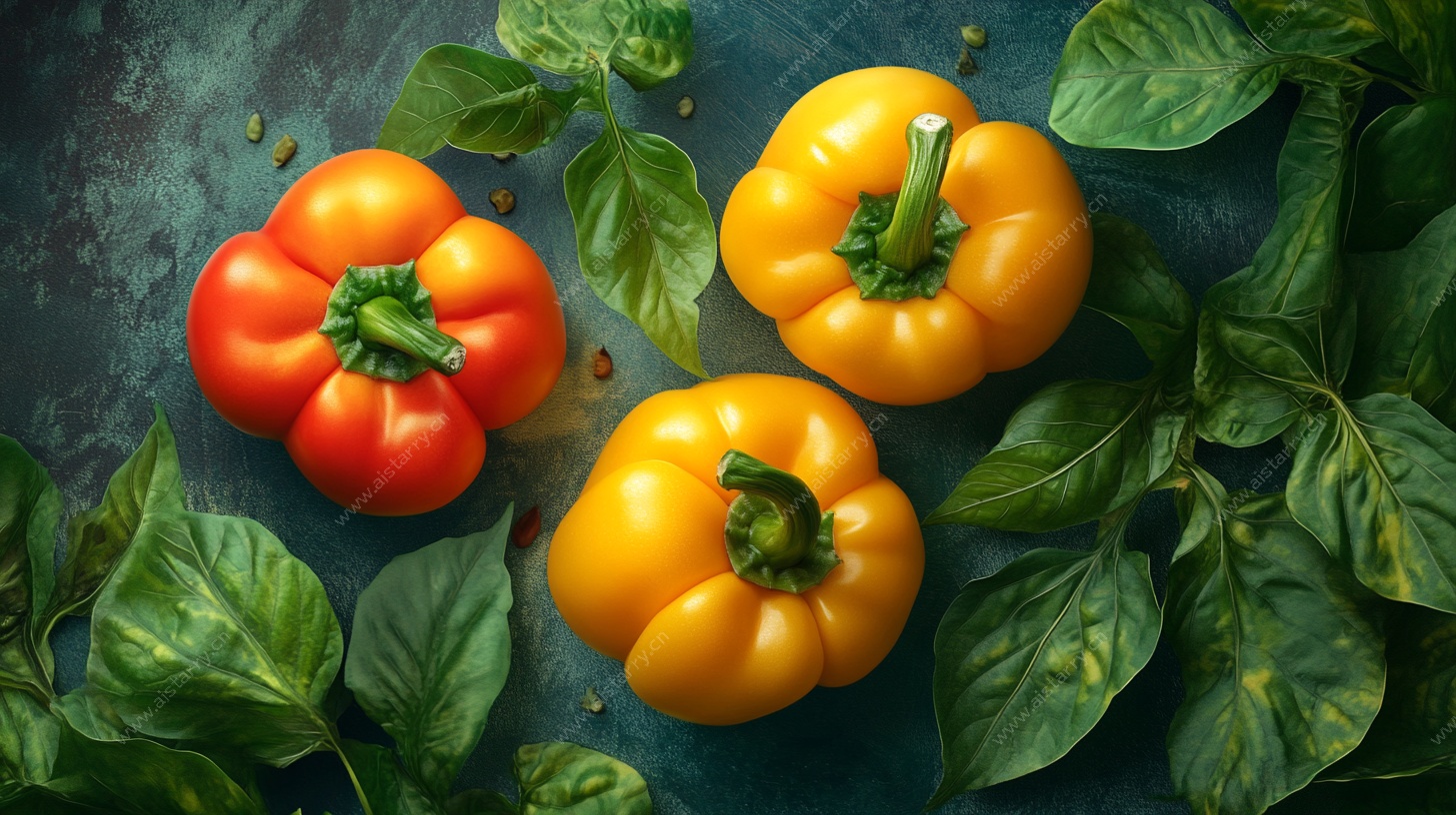彩椒与罗勒叶的静物组合