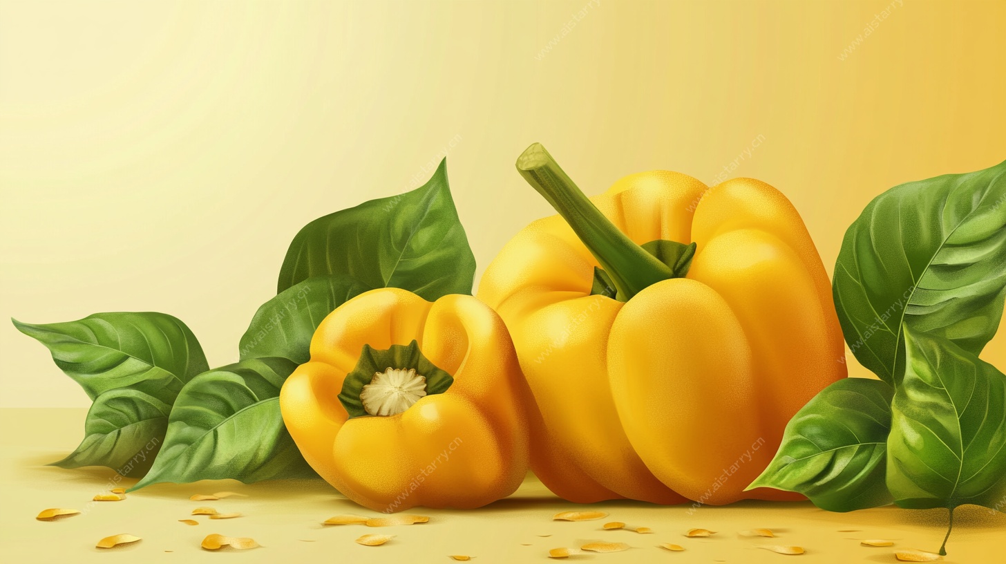 黄甜椒与绿叶静物插画