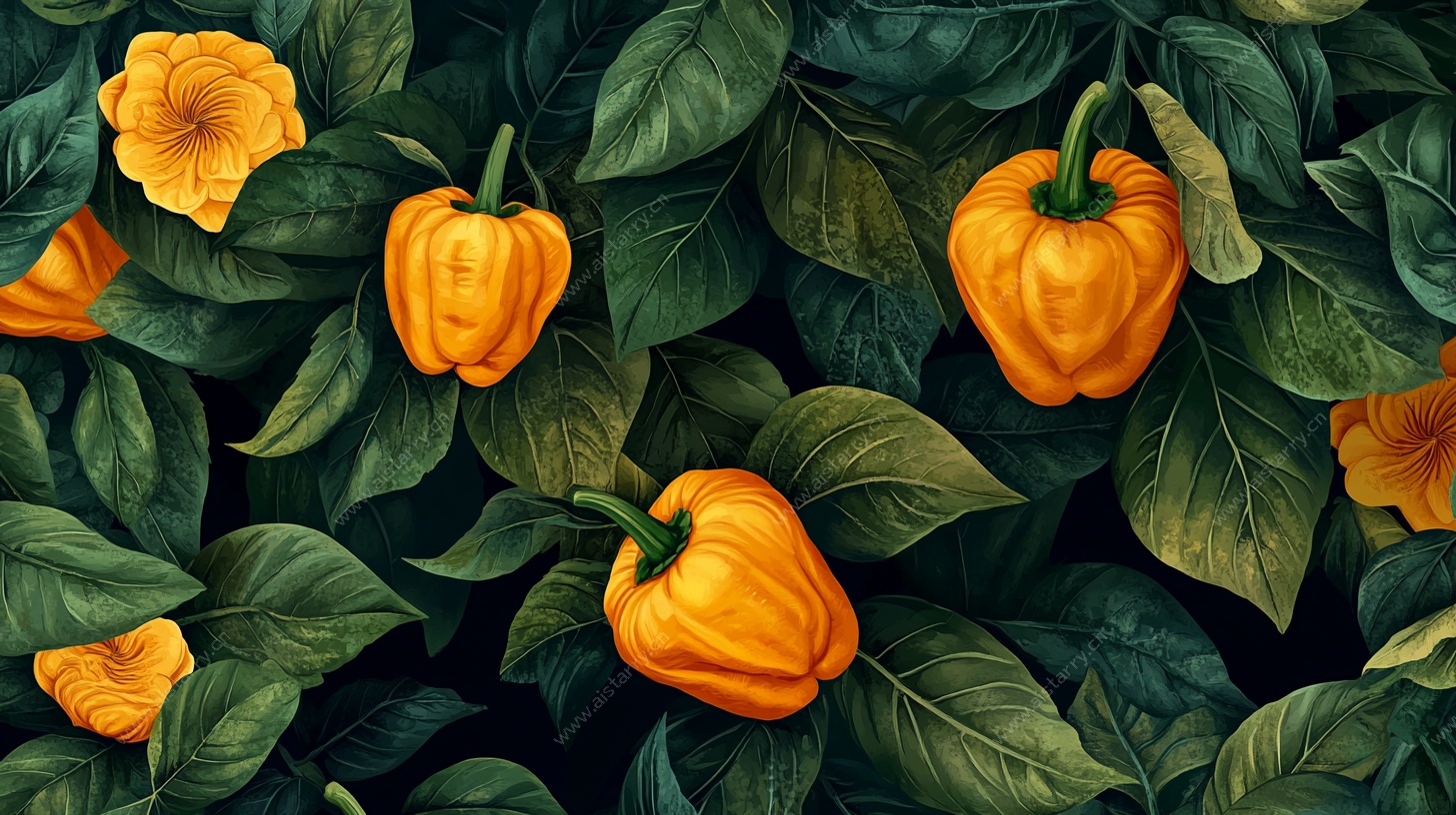 橙黄甜椒与绿叶插画