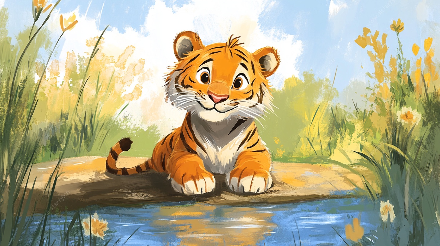 溪边萌虎休憩图