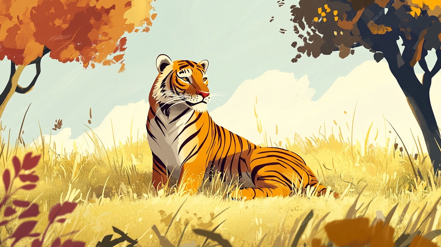 秋日猛虎草原休憩图