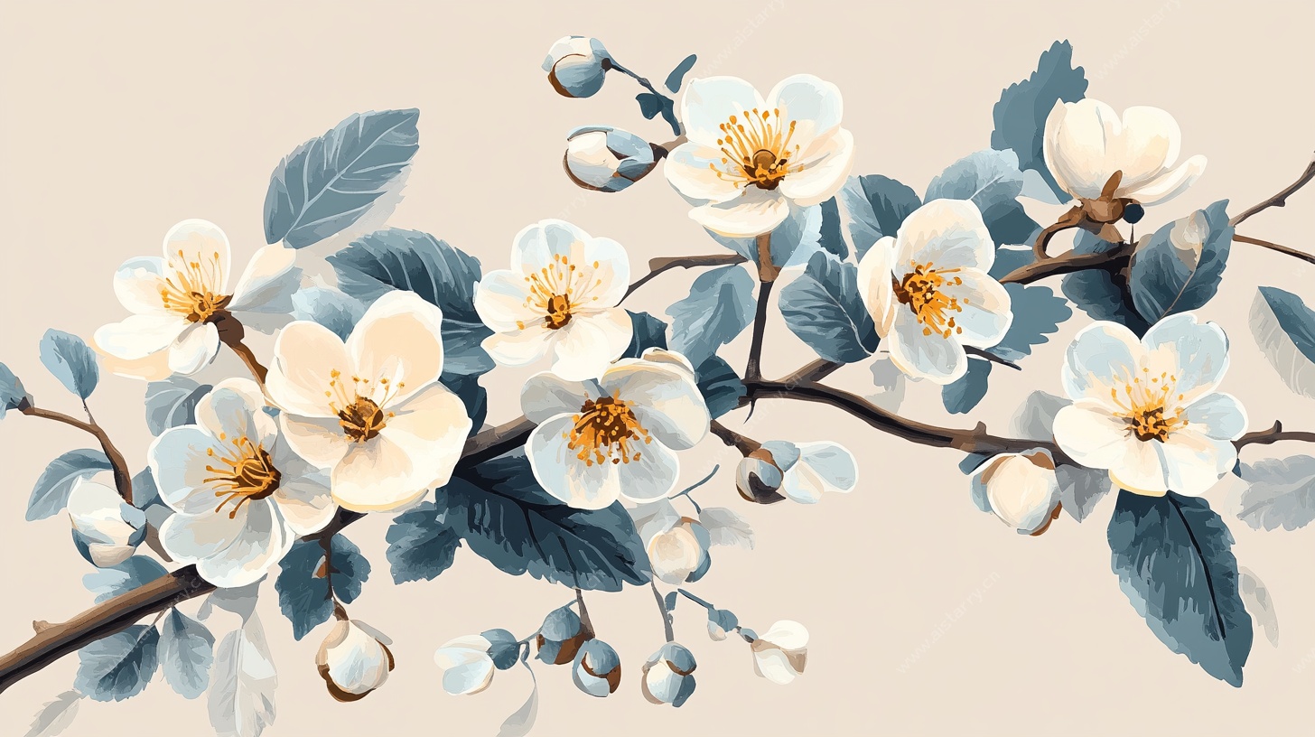 蓝白花卉枝上绽