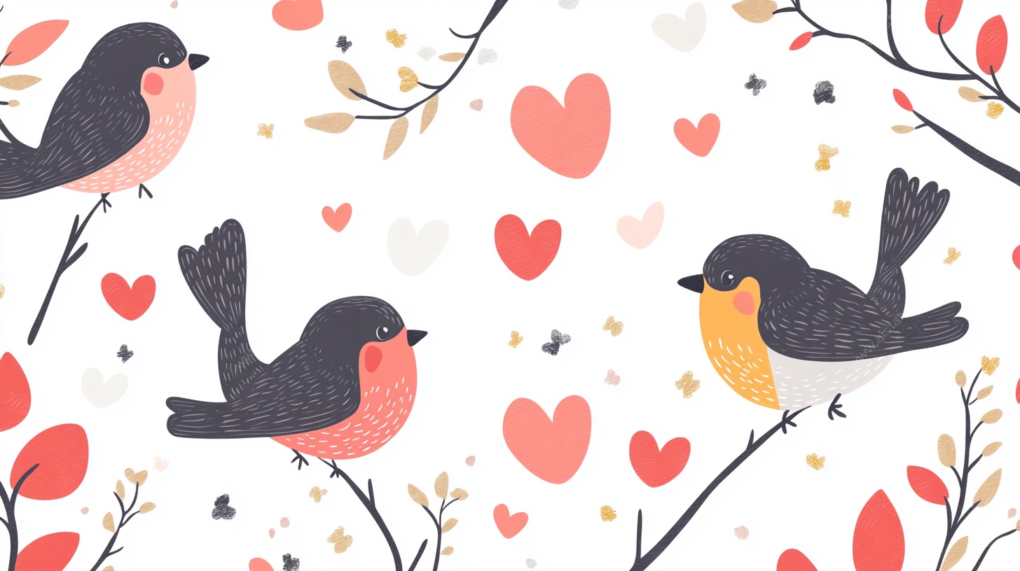 小鸟与爱心的浪漫插画