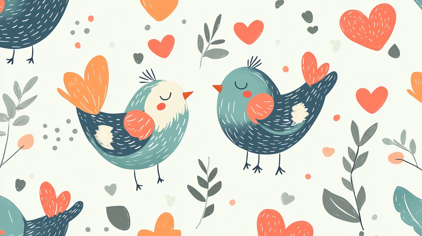 可爱小鸟与爱心花卉图案