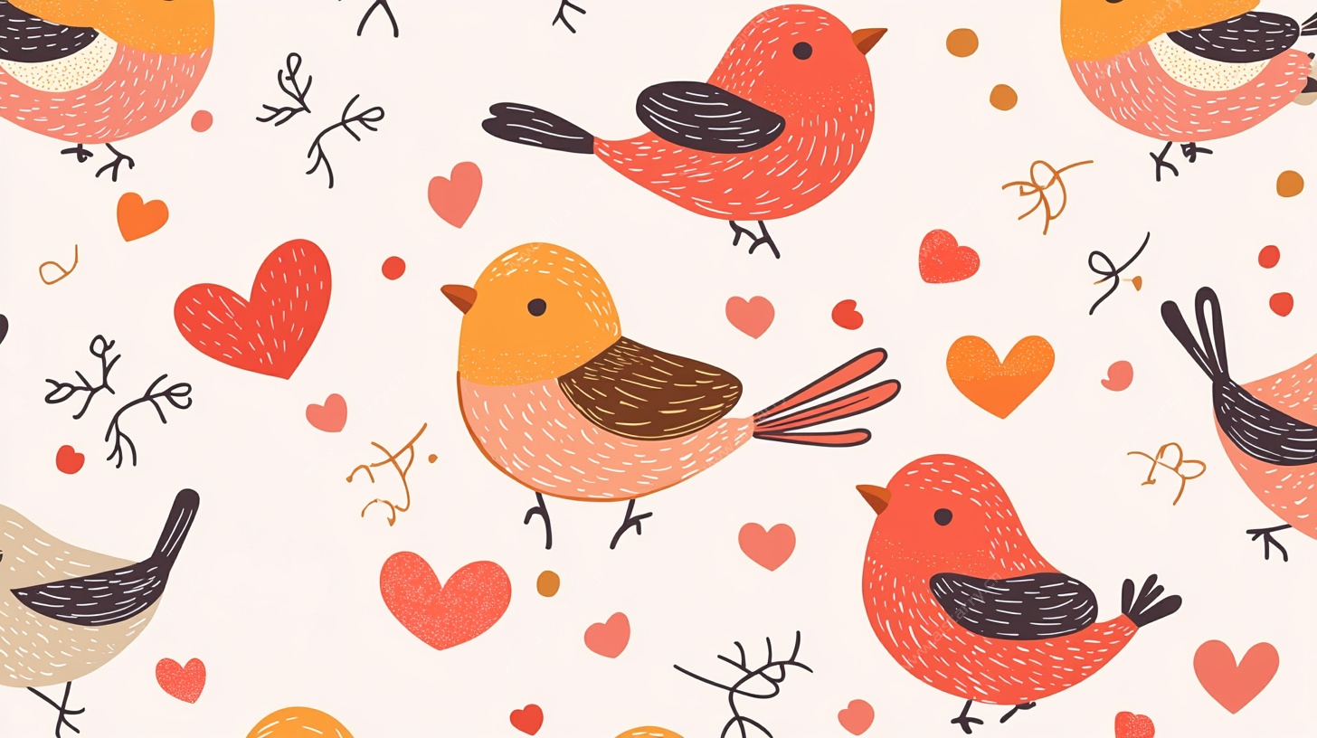 小鸟与爱心的温馨插画