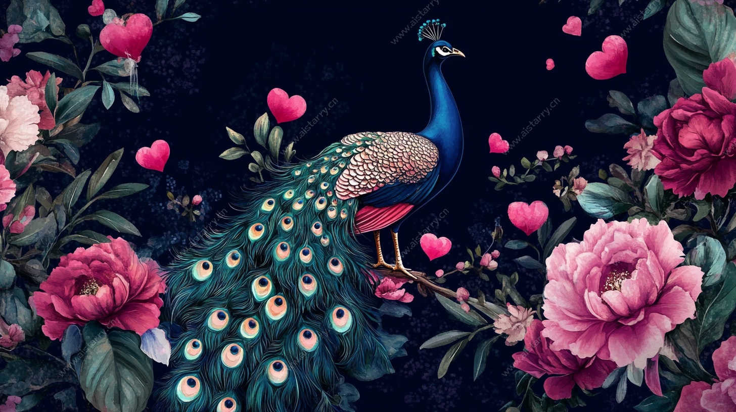 孔雀栖于繁花爱心之境