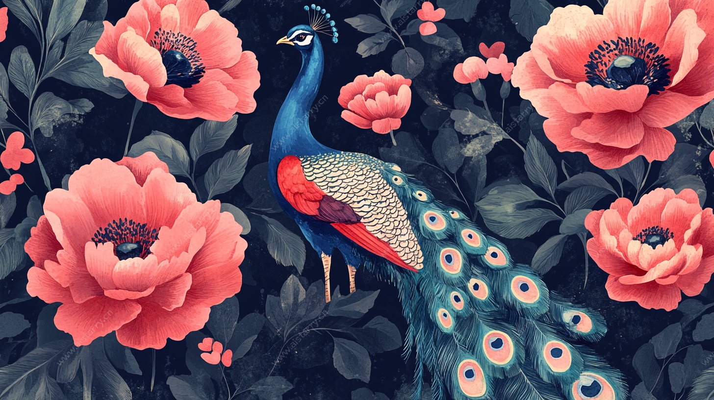 孔雀栖于繁花间插画