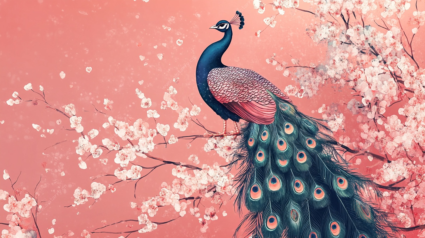 孔雀栖于繁花枝头