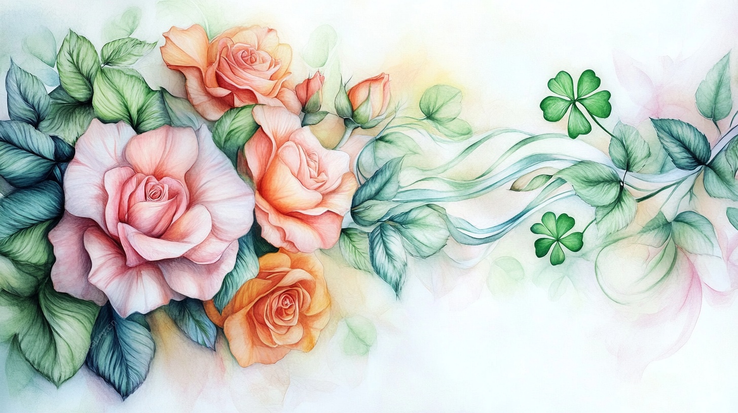 手绘玫瑰与幸运草插画