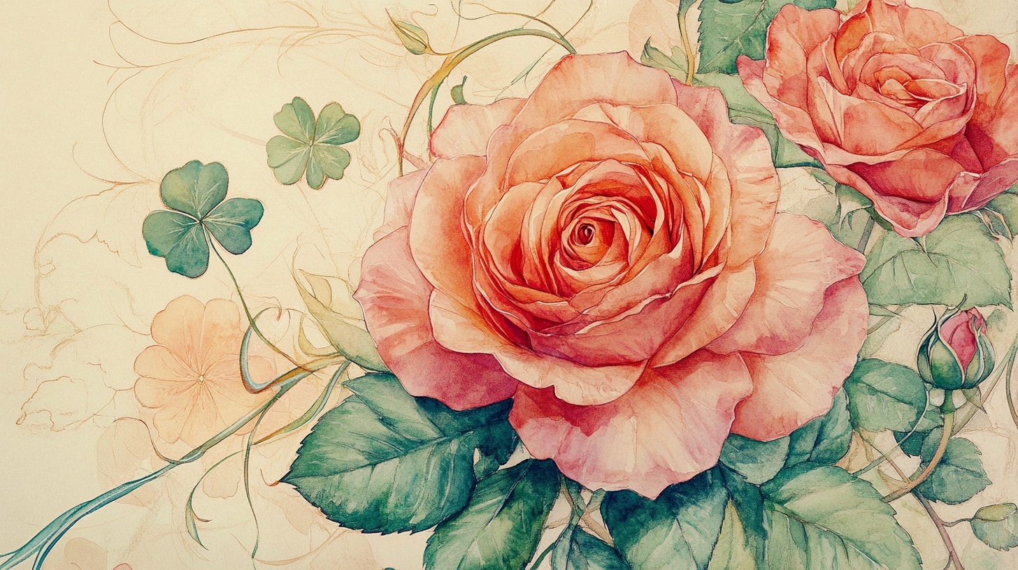 复古风手绘娇艳双生玫瑰