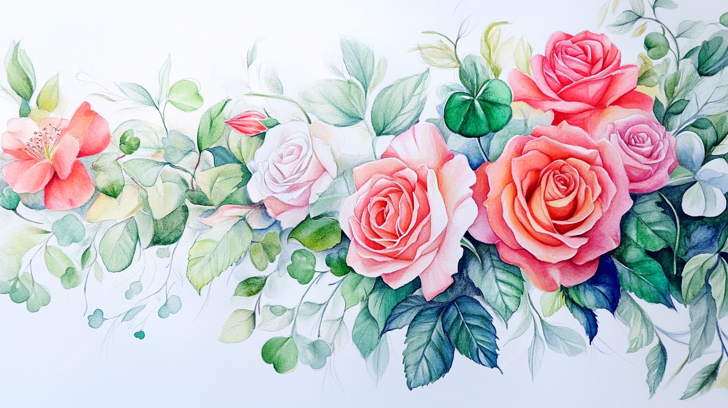水彩花卉 浪漫玫瑰与绿叶