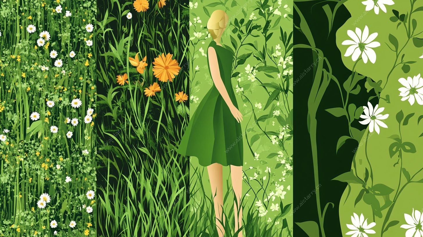 女孩漫步绿野花丛间