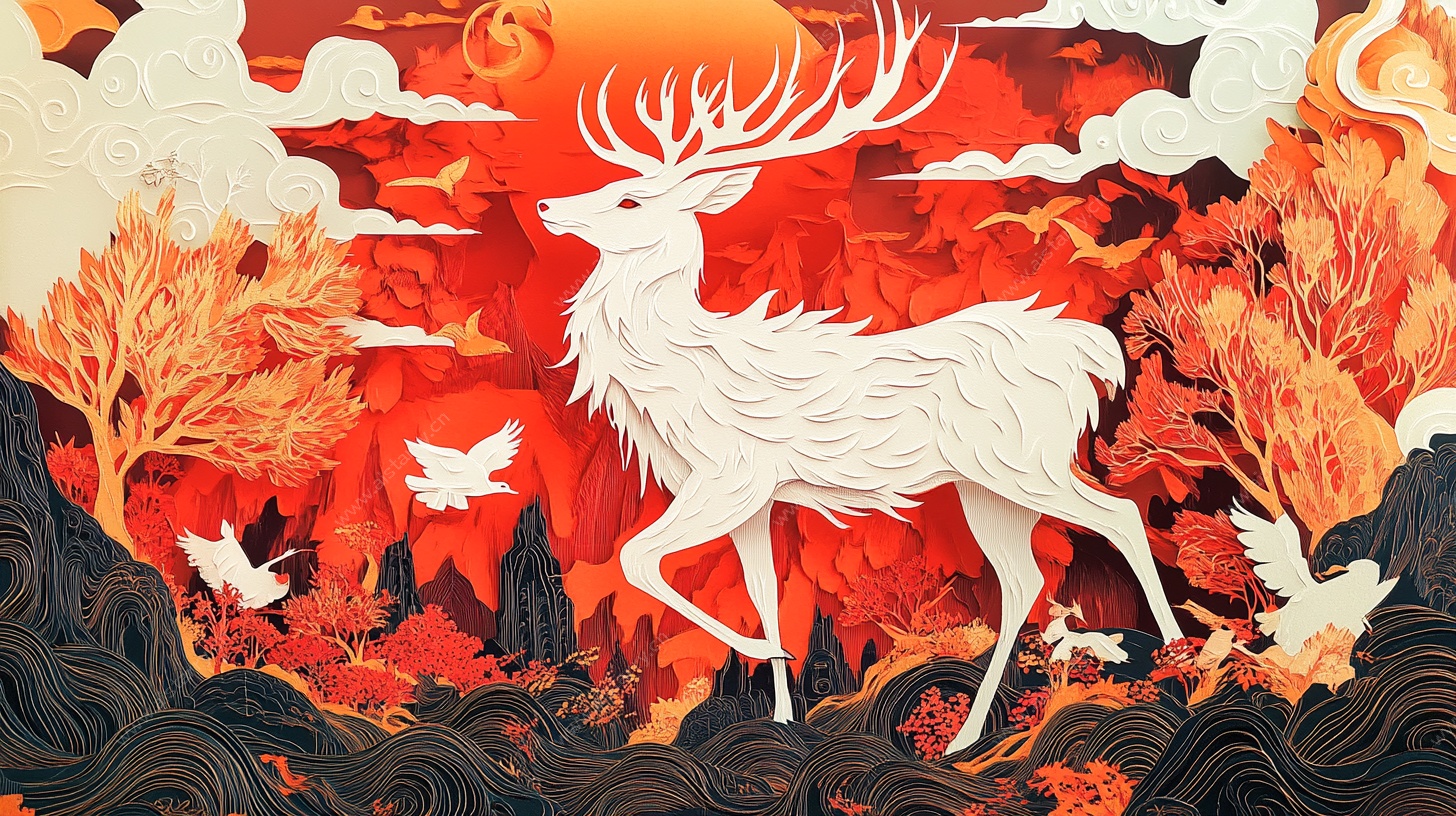 红日白鹿山林奇幻景象