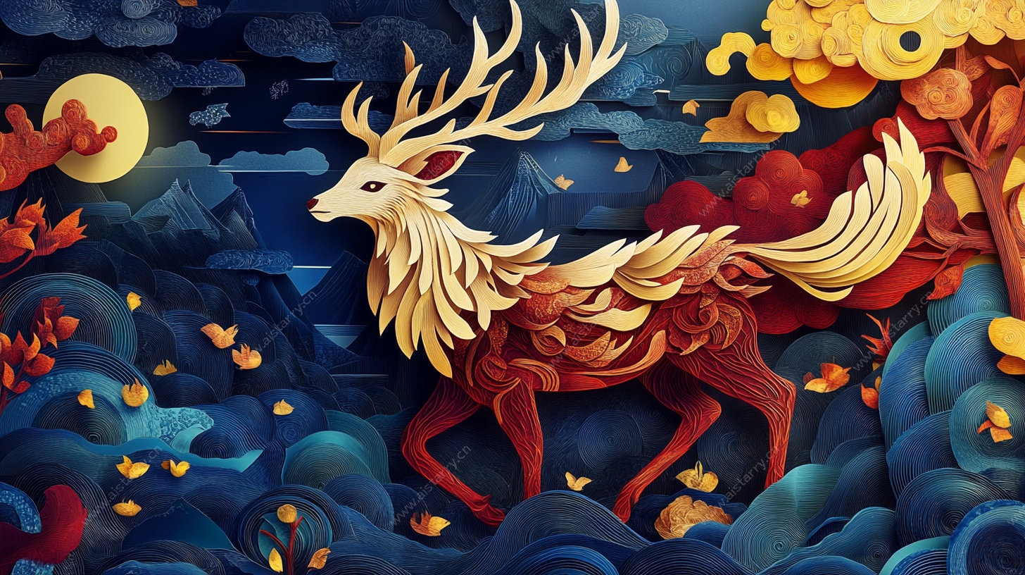 月夜灵鹿剪纸风奇幻图景