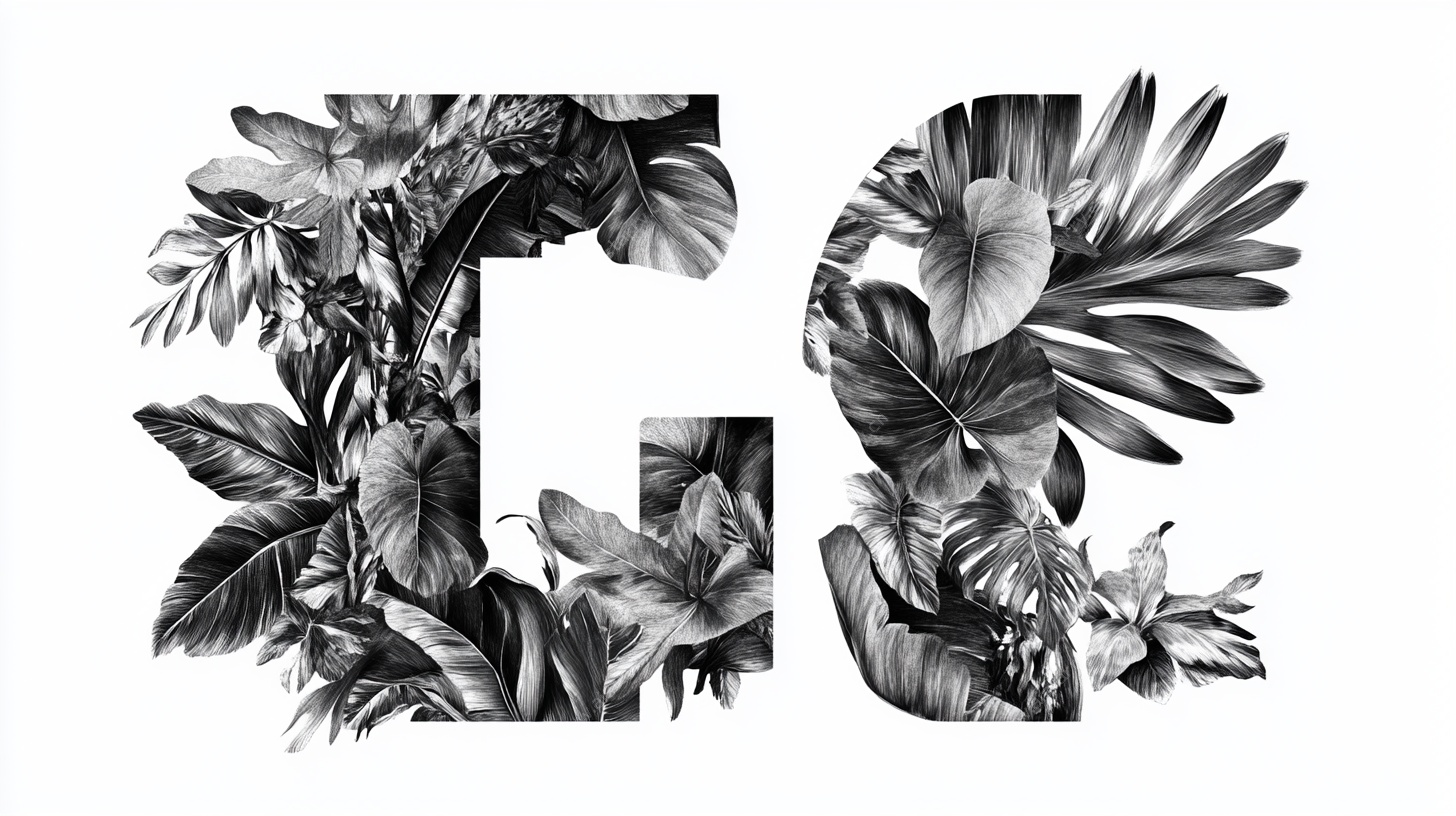 黑白热带植物字母艺术图
