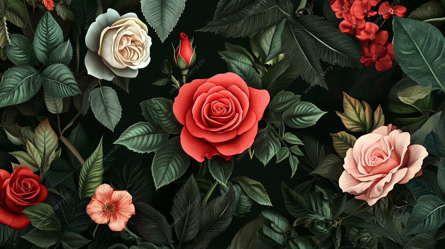 多彩玫瑰绿叶间绽放