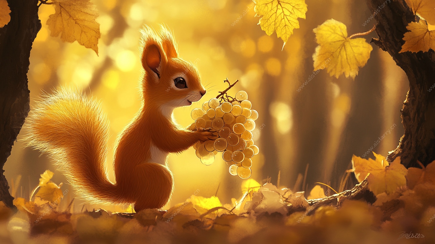 秋日松鼠持葡萄温馨画面