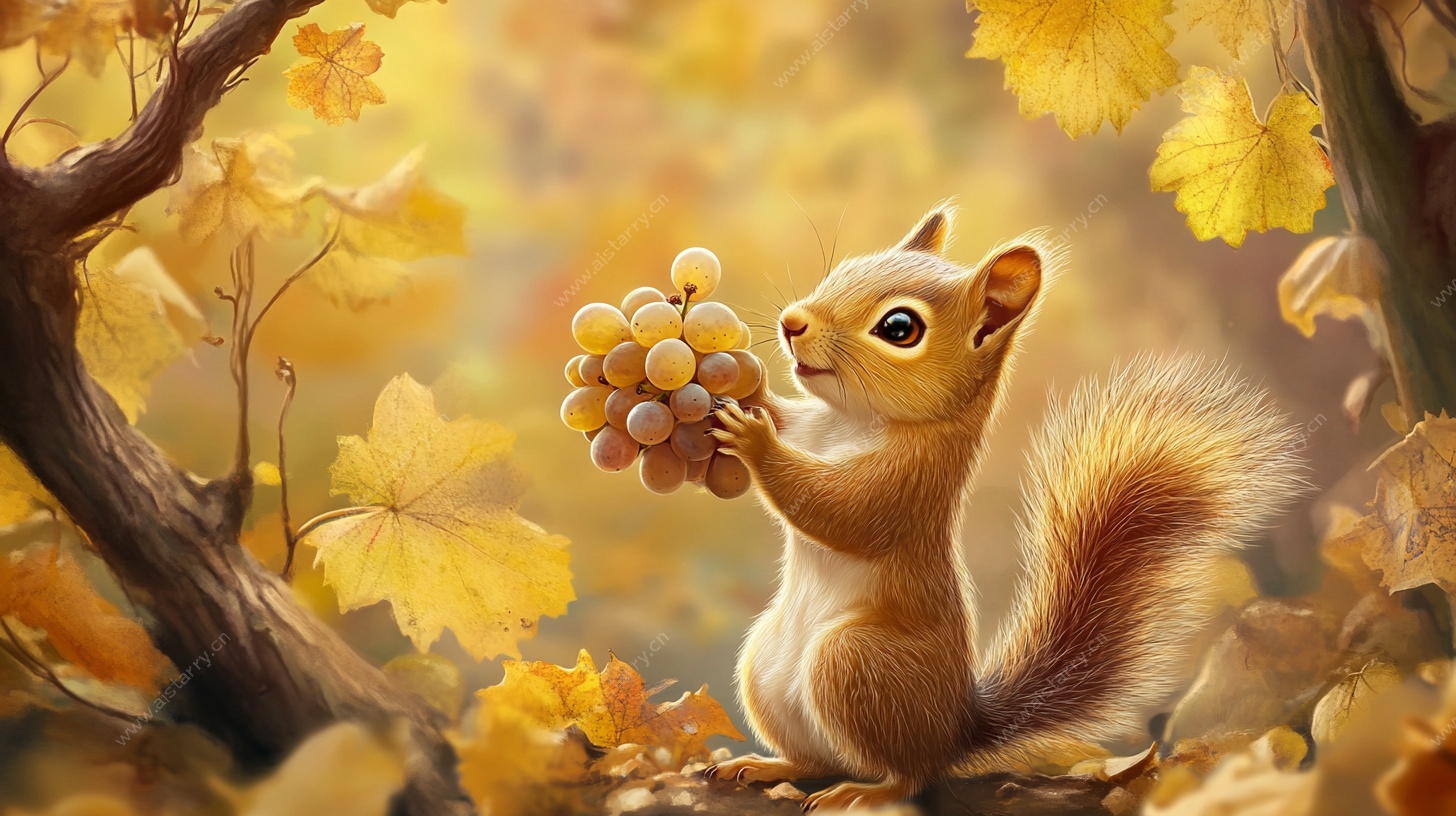 秋日松鼠捧葡萄的温馨画面
