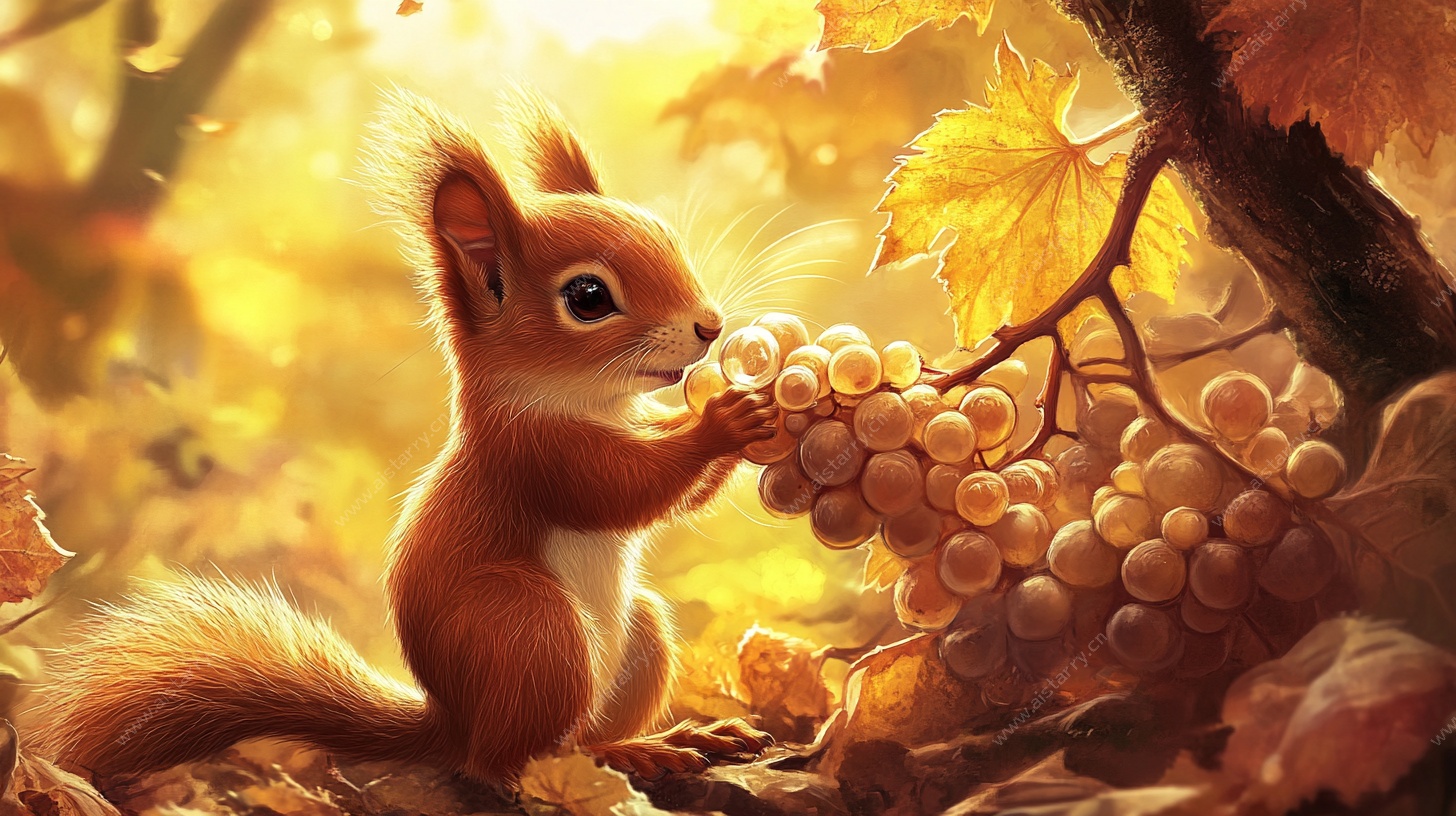 秋日松鼠享葡萄美景