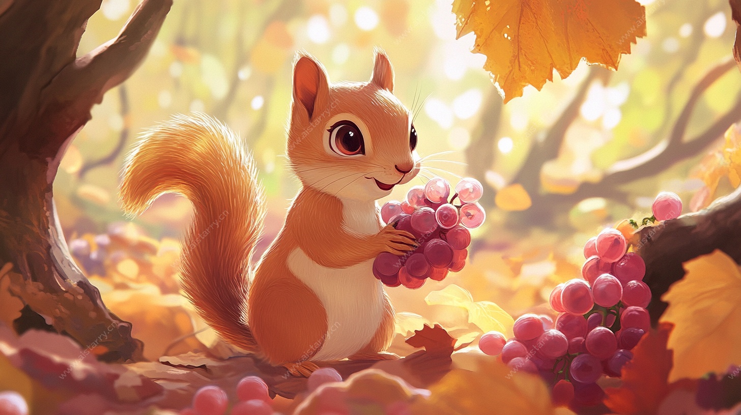 秋日松鼠采葡萄插画