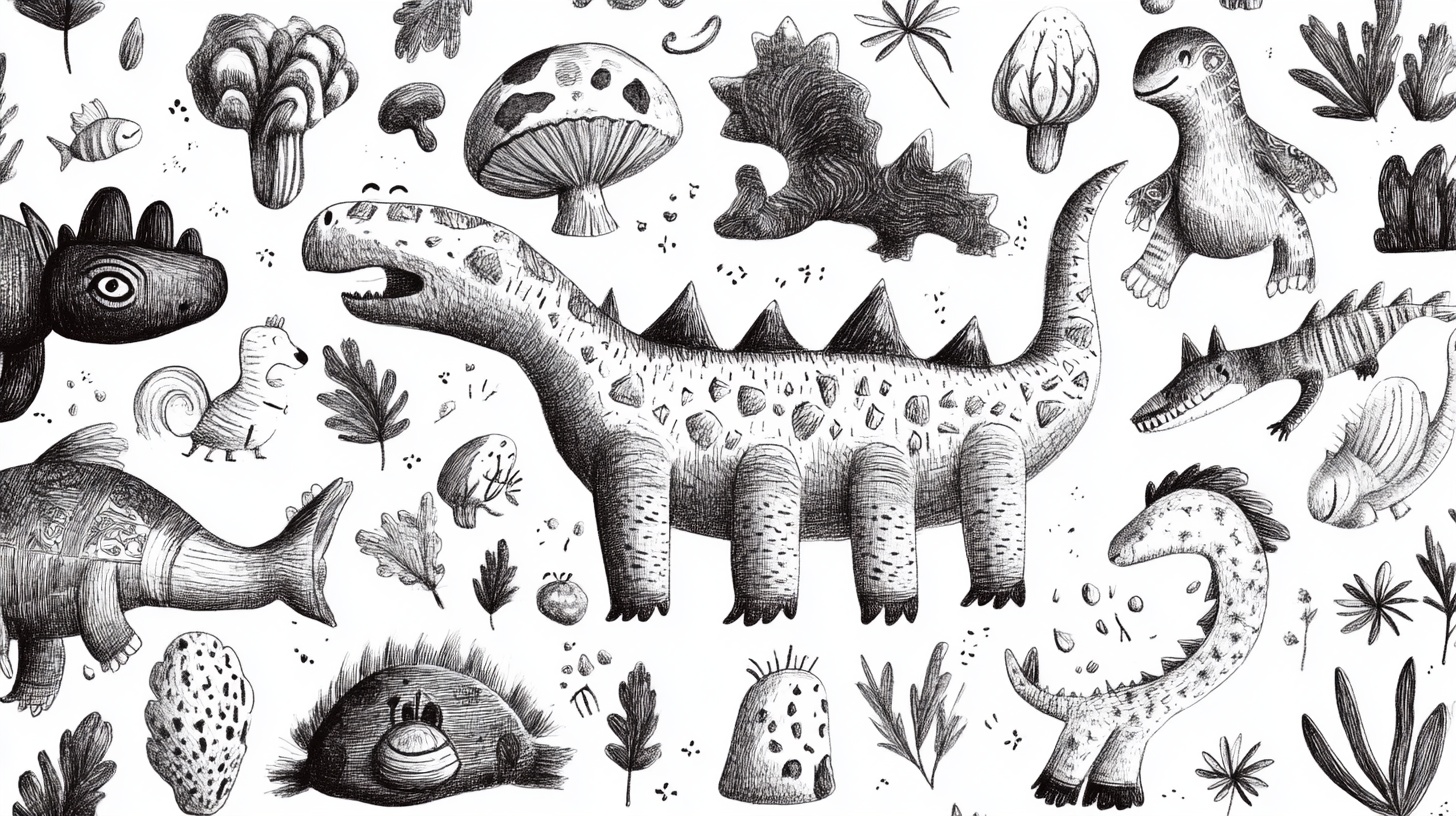 黑白手绘恐龙植物图案