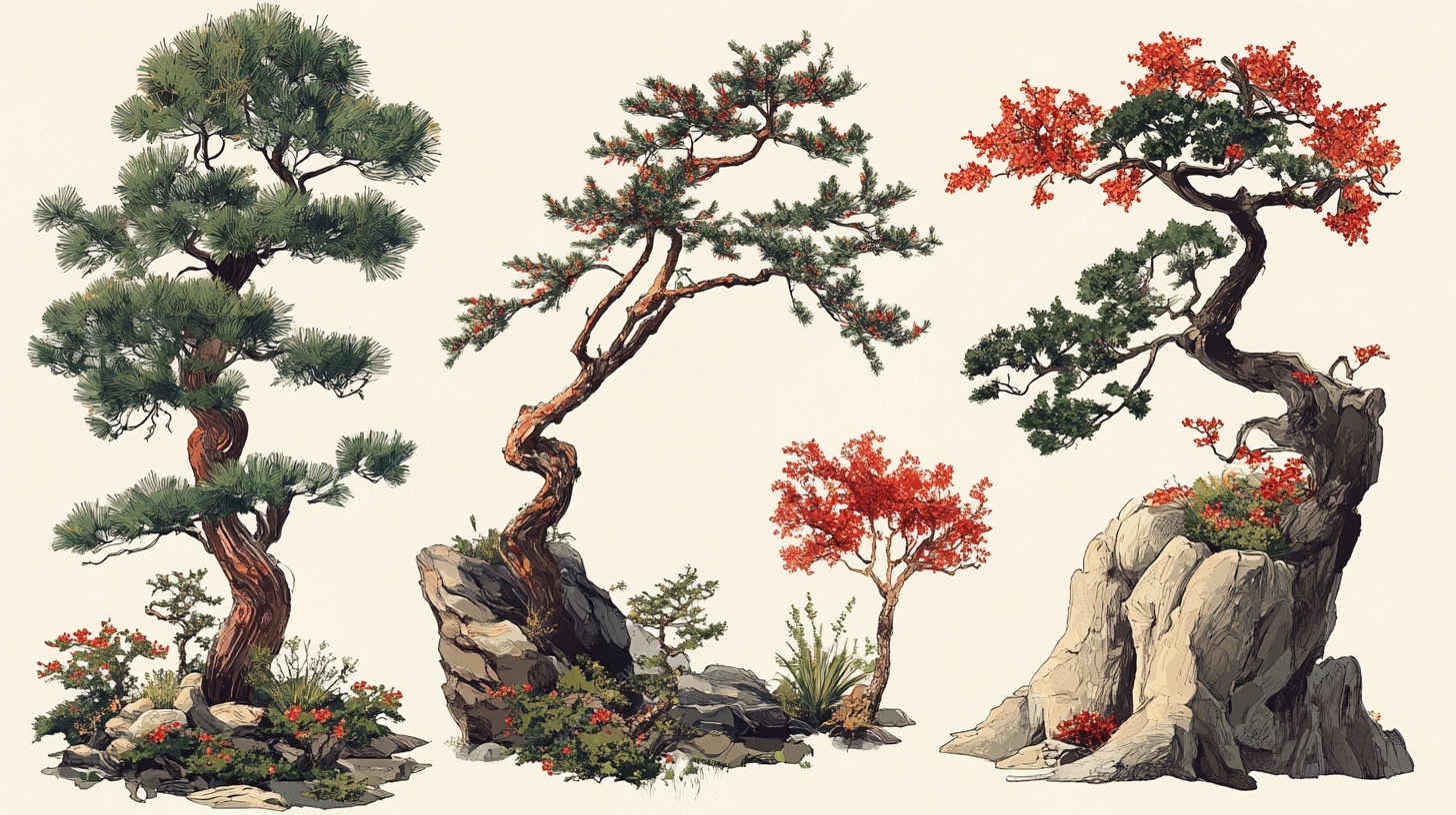 中式盆景组合插画