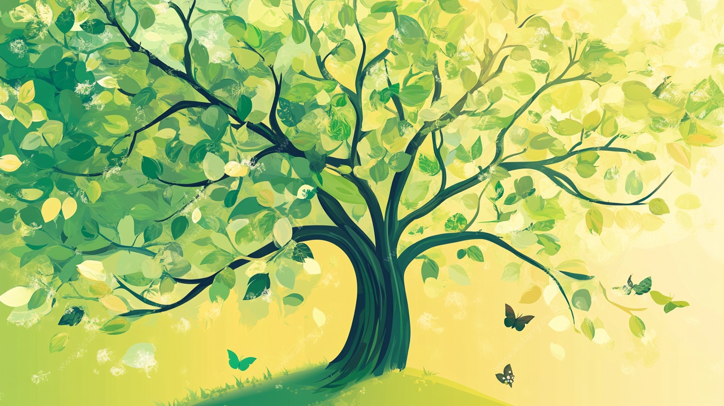 春日绿树与蝶的梦幻场景