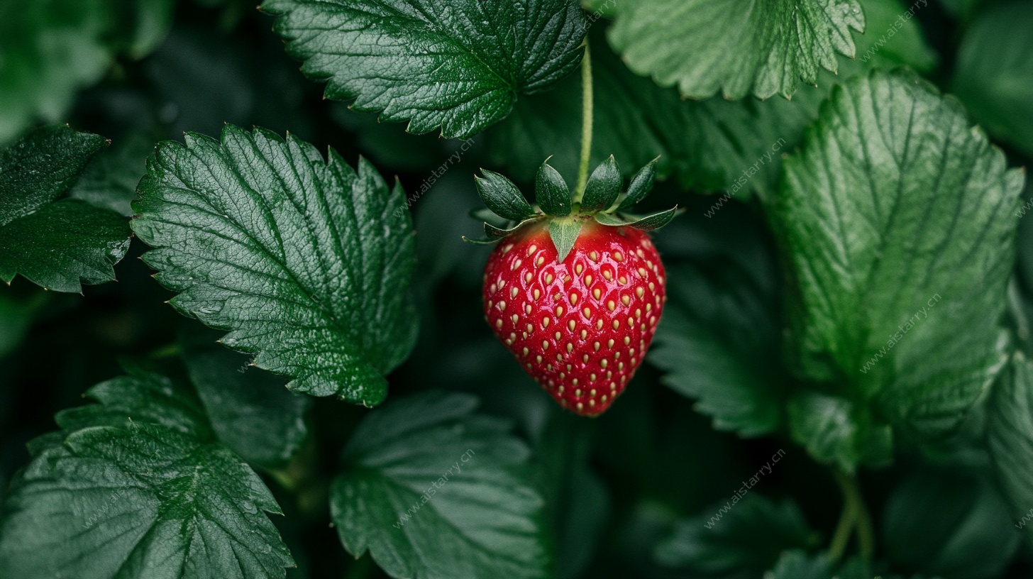 一颗红草莓点缀绿叶间