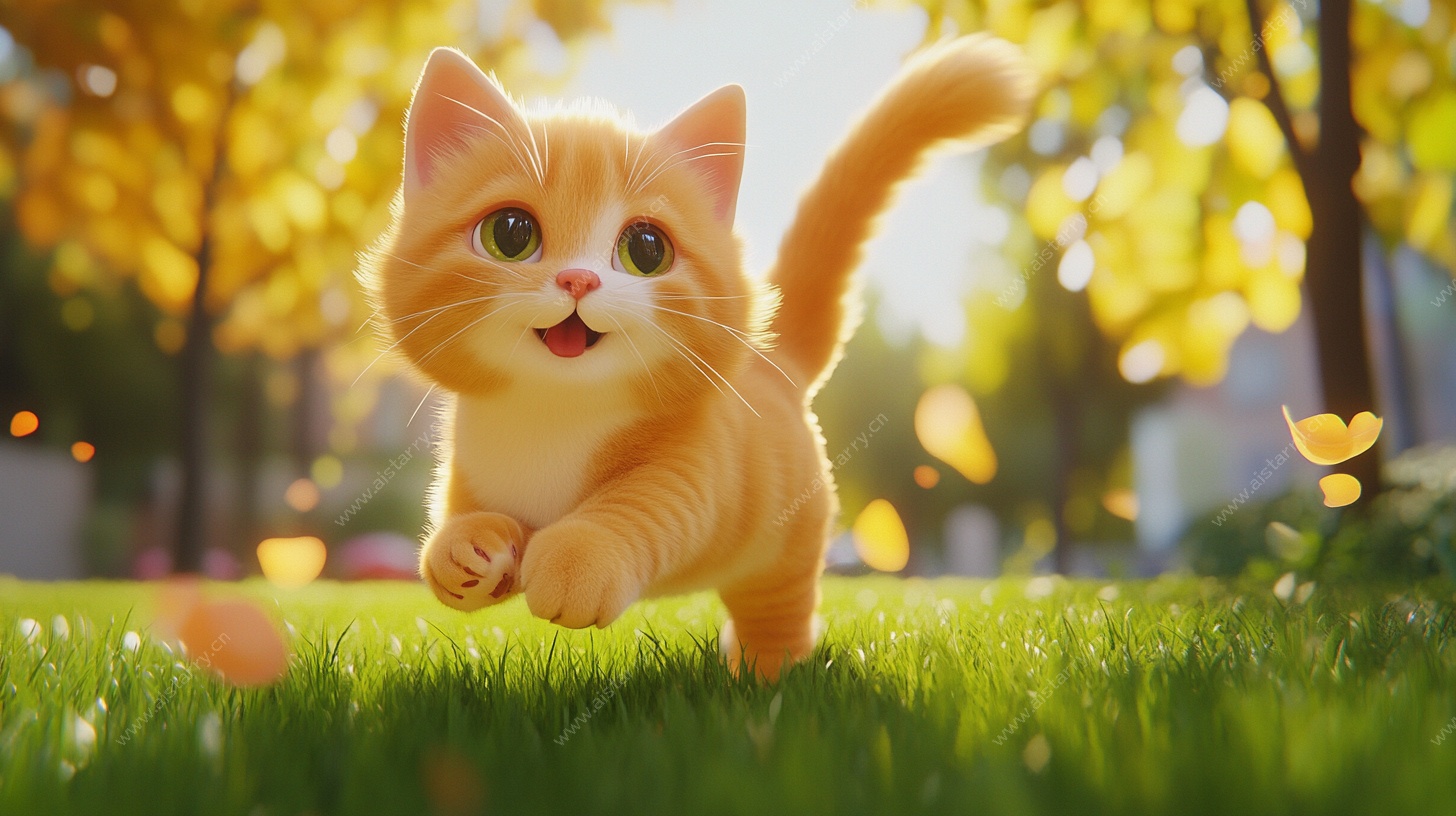 秋日奔跑的可爱小橘猫