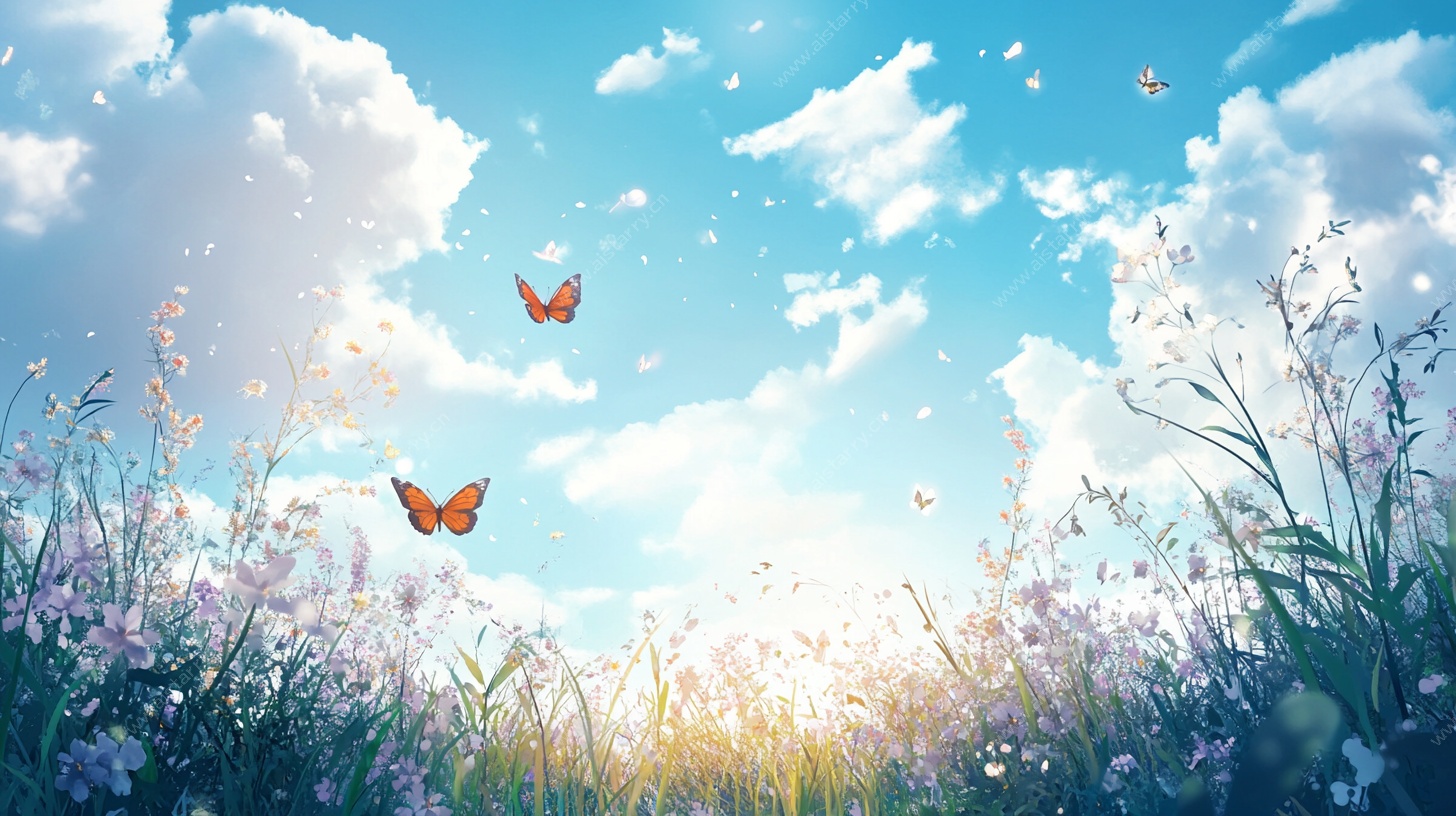 春日花海蝴蝶飞舞图景