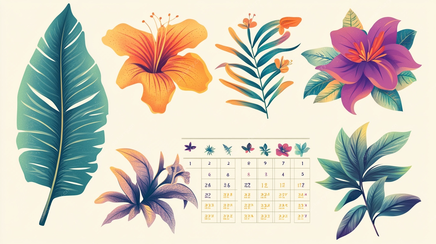 热带花卉与日历插画设计