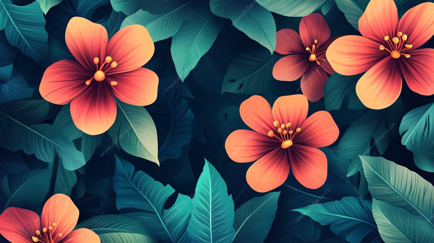 艳丽花卉与绿叶插画