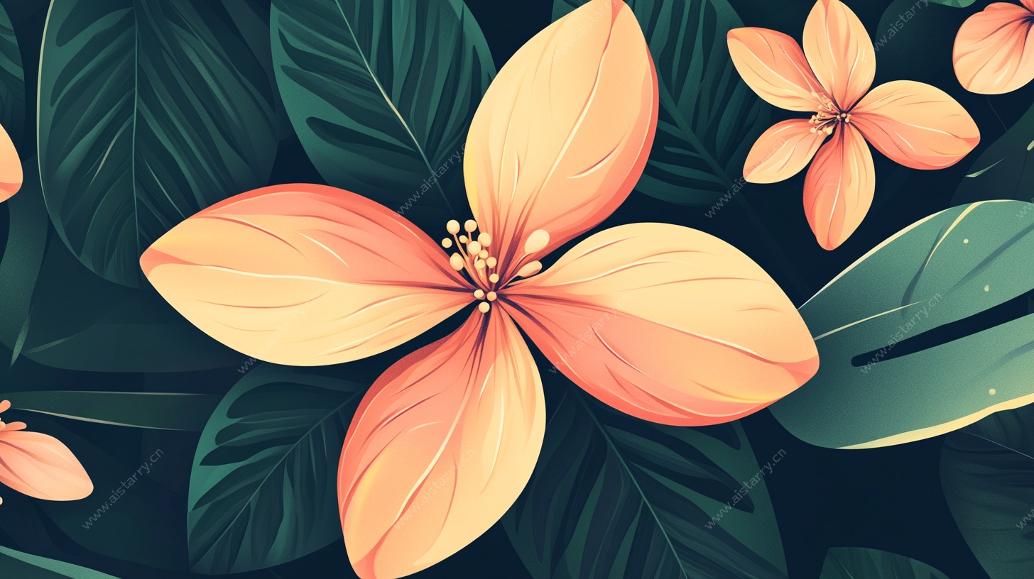 橙色花卉与绿叶插画