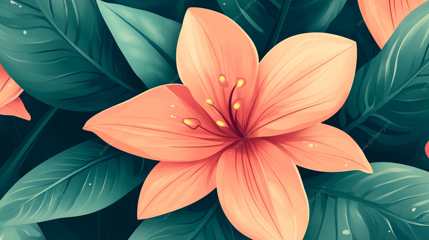 粉色花卉与绿叶插画