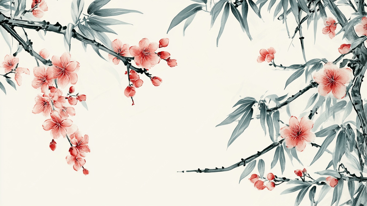 水墨桃花竹叶图