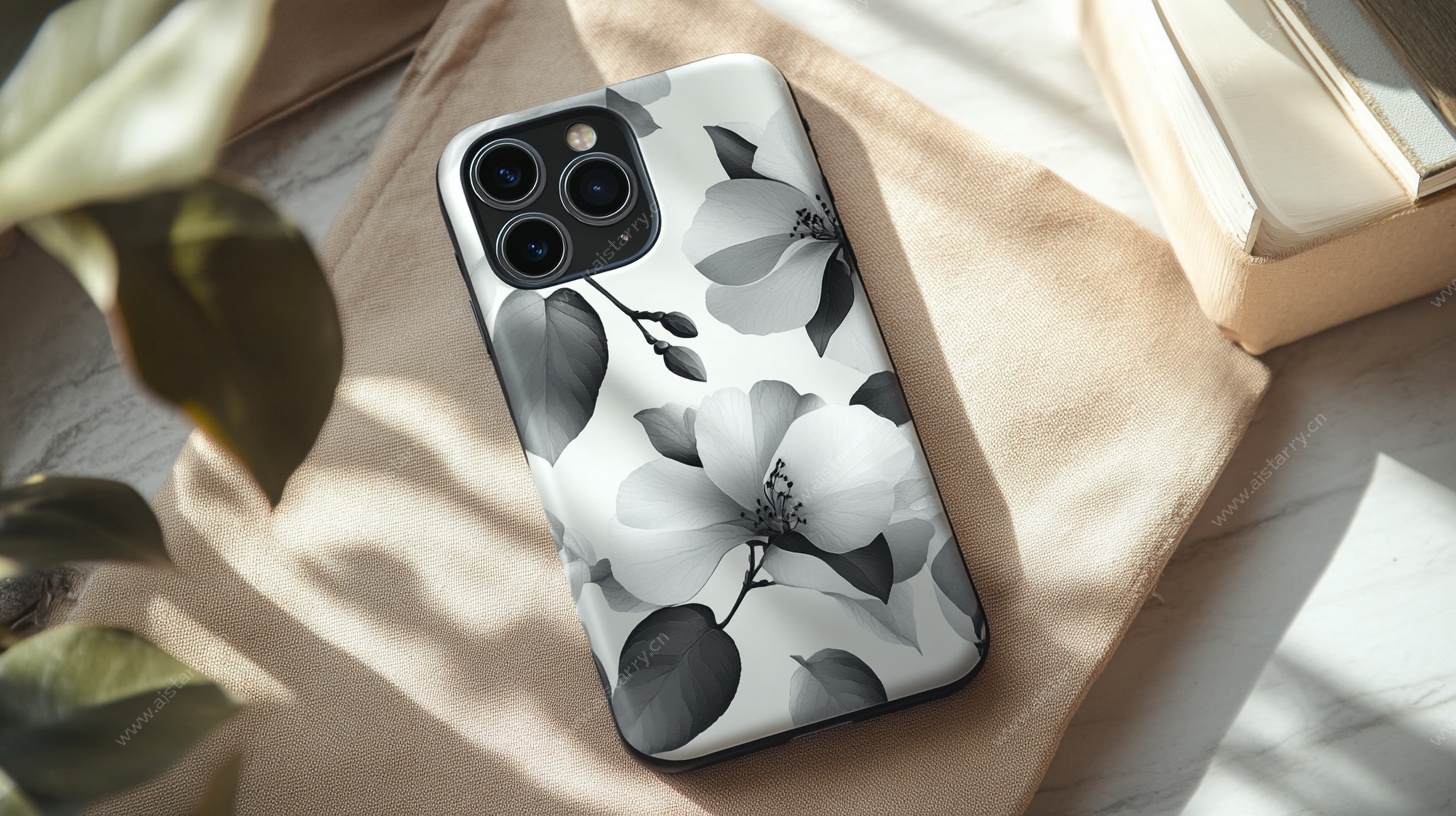 黑白花卉手机壳特写
