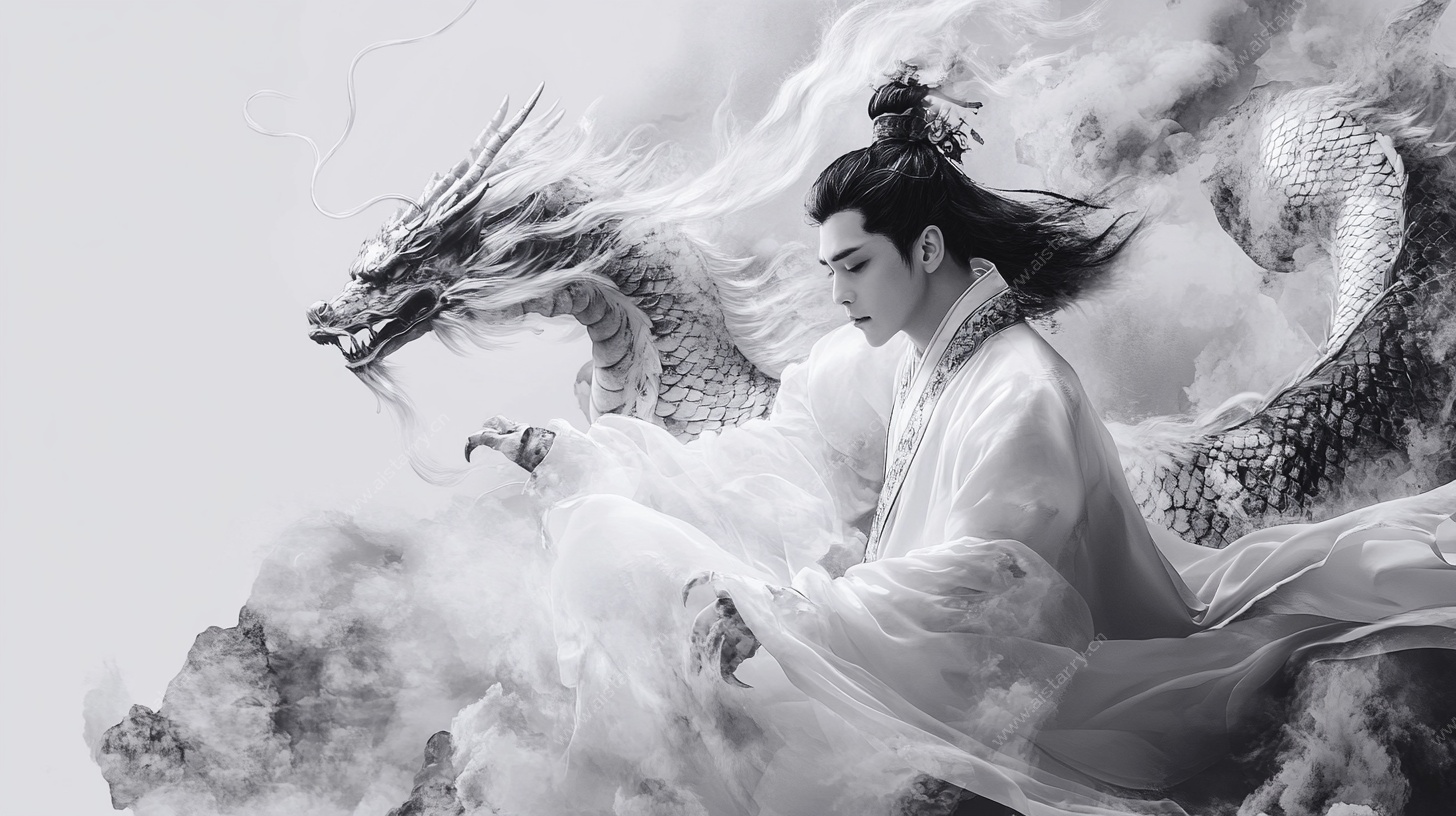 白衣男子与神龙奇幻画面