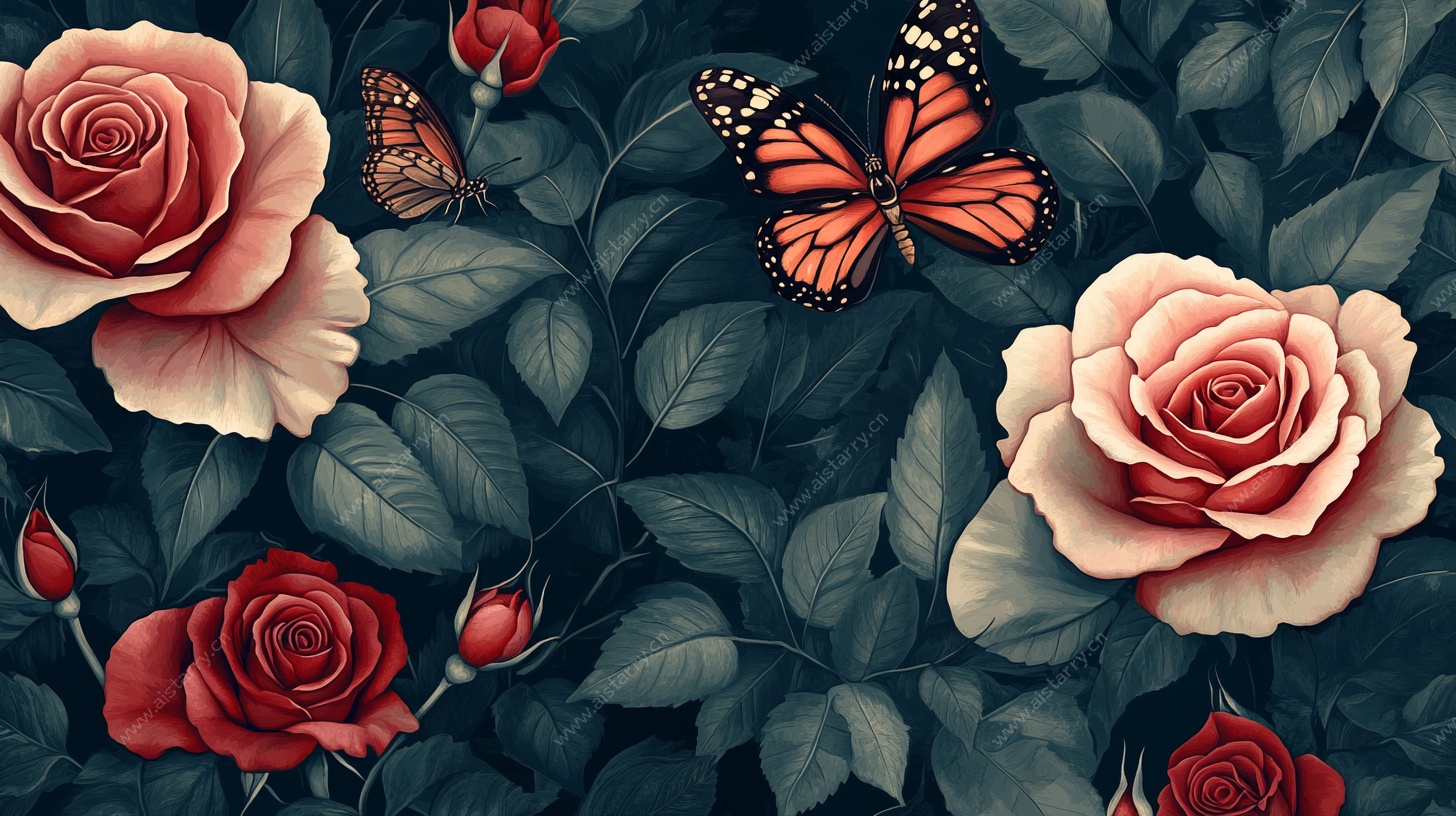 玫瑰与蝶的浪漫花卉图景